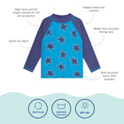 UV Protective Rash Vest Blue Starfish, a long sleeved top with blue starfish pattern on the body and darker blue sleeves.